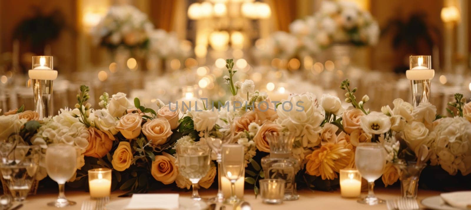 Elegant wedding table scene showcasing mocha mousse runners, cream candles, and lush floral centerpieces. a sophisticated setup for an intimate celebration, highlighted by delicate roses and ambient lighting, creating a warm, romantic atmosphere.
