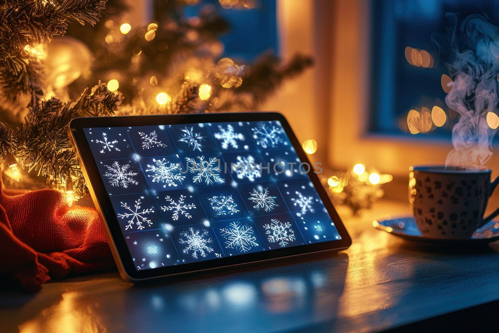 Digital advent calendar displayed on a tablet with animated snowflakes and a countdown to christmas. surrounded by holiday decor, including baubles and a warm cup, creating a cozy festive ambiance.
