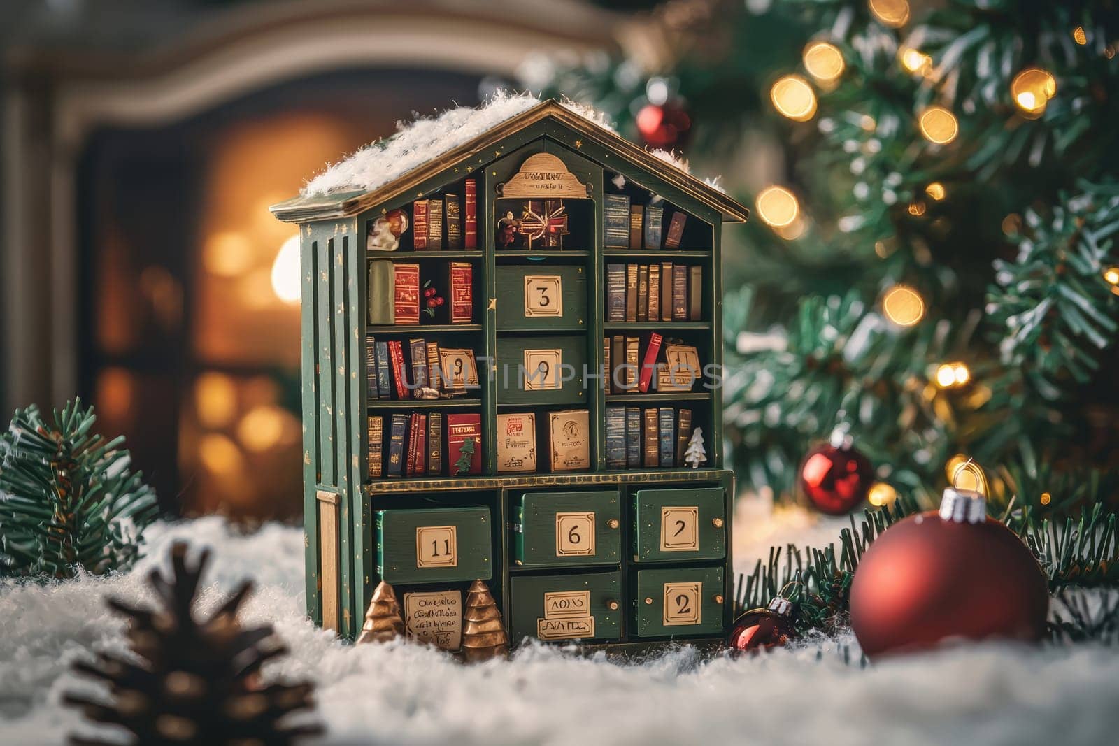 A unique advent calendar designed as a bookshelf with numbered drawers, filled with small booklets. set in a cozy library atmosphere with festive decorations, including a pine tree and snow, perfect for adding holiday charm to any space.