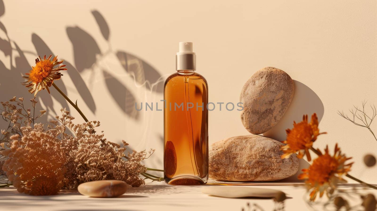 A sleek bottle of body oil, encased in mocha mousse packaging, is artfully placed amidst warm-toned flowers and smooth stones, creating a serene and elegant composition ideal for skincare branding and advertising.