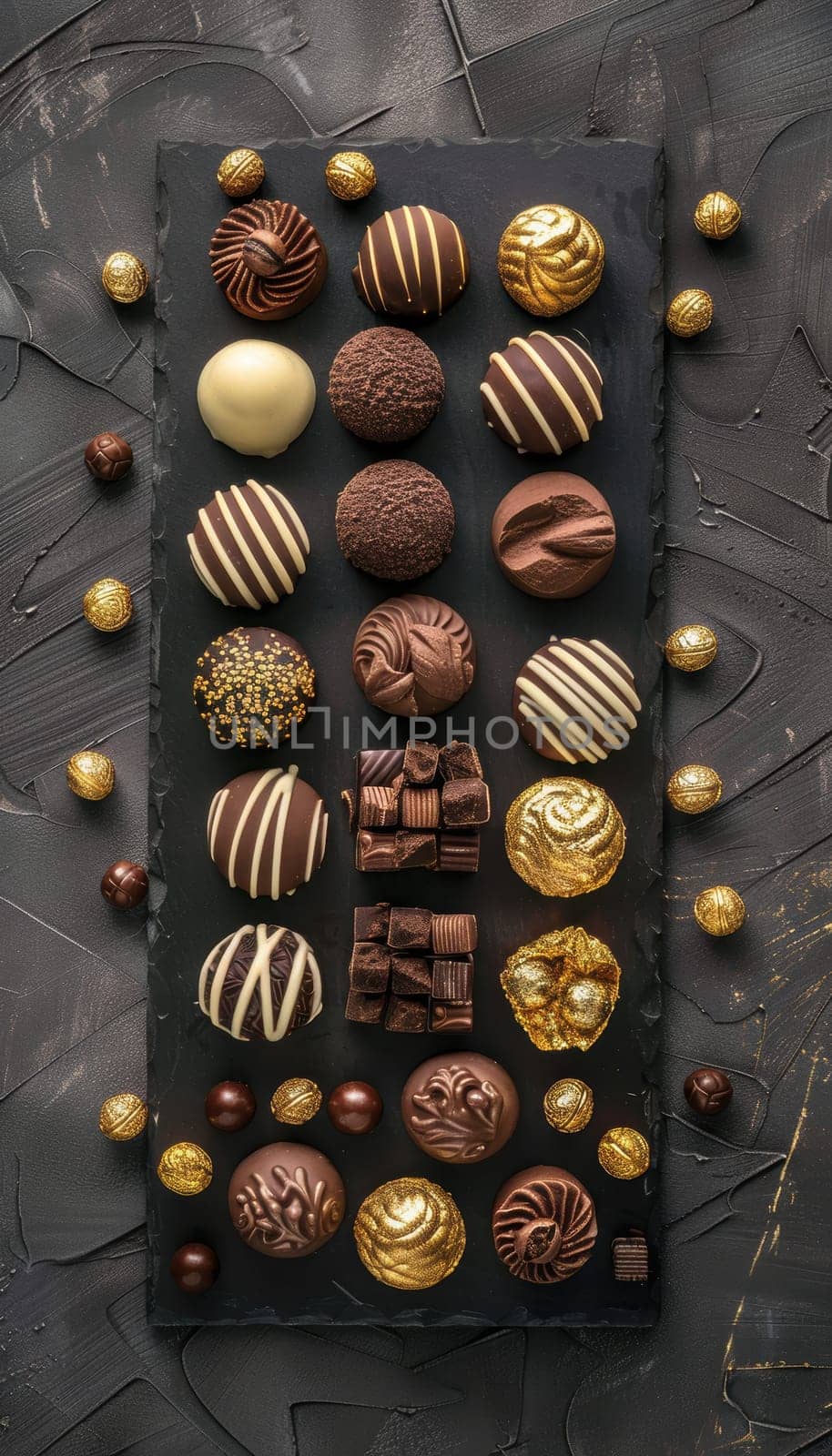 Mocha mousse truffles are elegantly arranged on a dark slate board, accented with gold foil details and a sprig of greenery. the rich textures and colors create a luxurious and sophisticated look, ideal for dessert presentations.