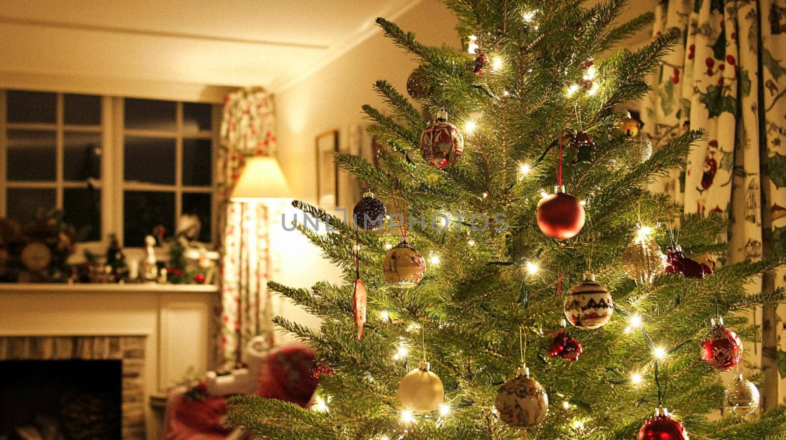 Christmas, holiday decor and country cottage style, cosy atmosphere, decorated Christmas tree in the English countryside house living room with fireplace, interior decoration idea