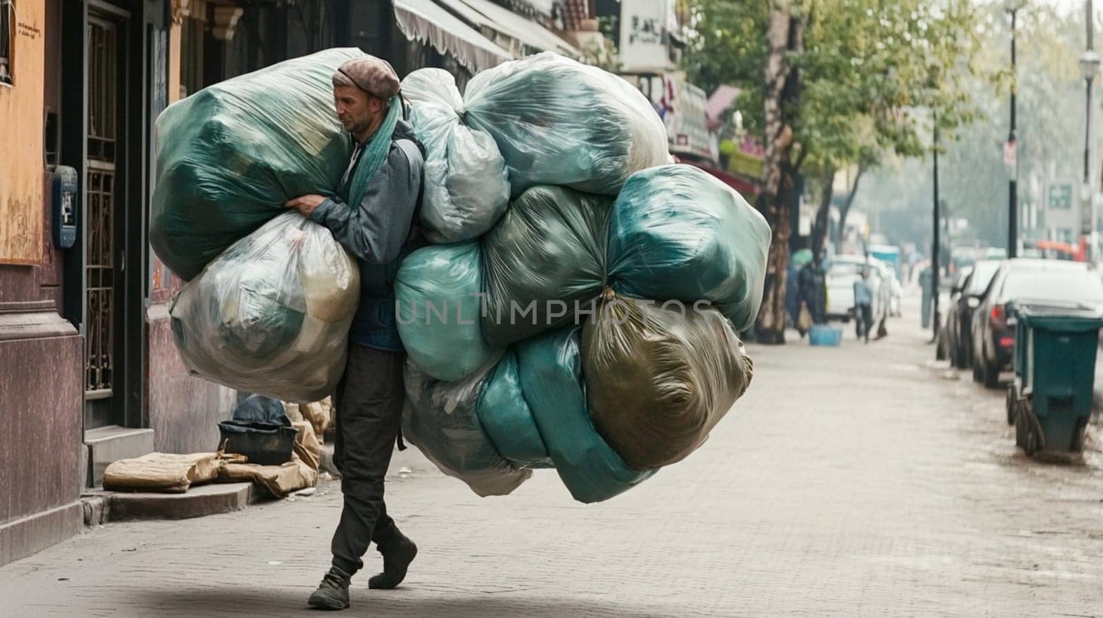Waste picker carries heavy plastic bags of recyclables in the city, highlighting social and environmental issues