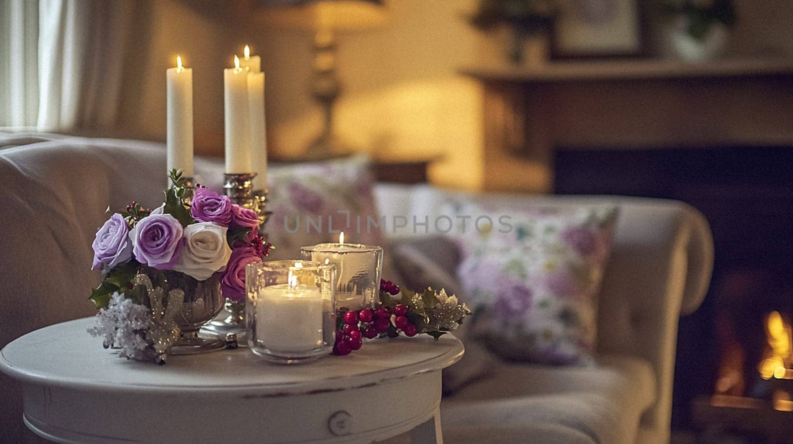 Christmas, holiday decor and country cottage style, cosy atmosphere, decorated Christmas tree in the English countryside house living room with fireplace, interior decoration idea