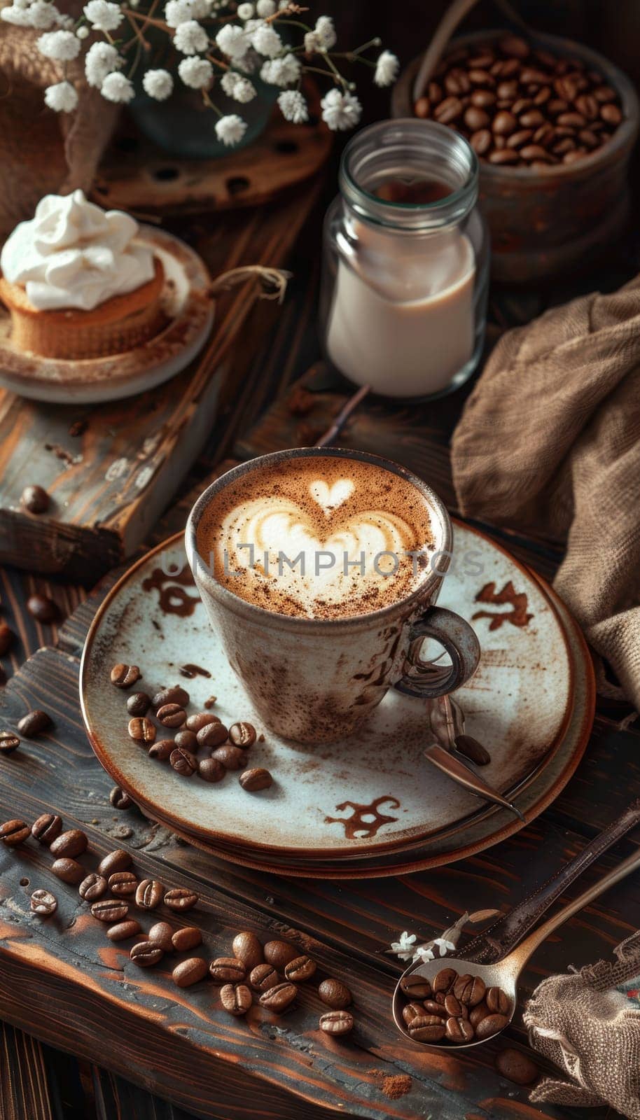 A cozy setting features a mocha mousse latte with heart-shaped foam, placed on a rustic wooden table. surrounded by glowing candles and festive decor, this warm scene evokes the comforting embrace of winter.