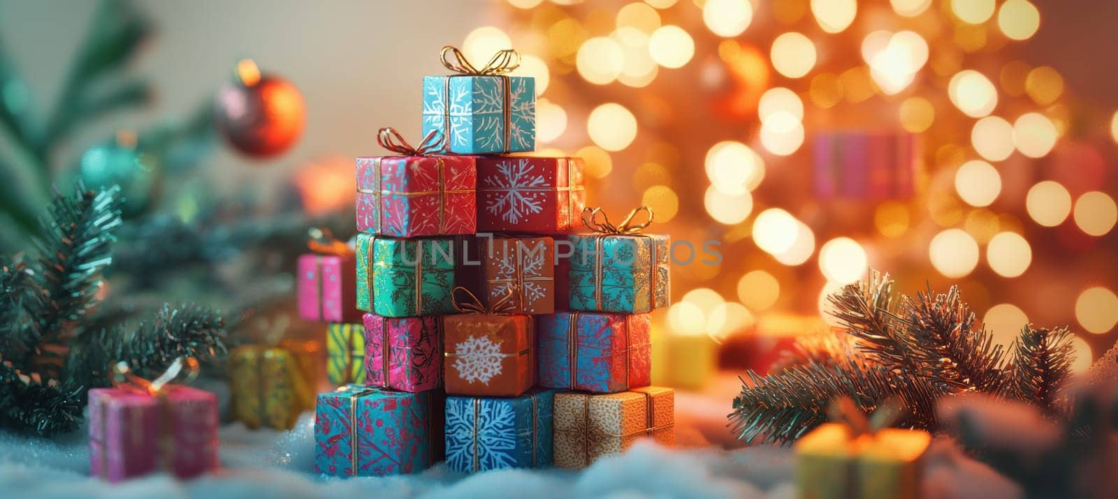 A vibrant advent calendar features stacked gift boxes with unique patterns and red bows, set against a backdrop of a glowing christmas tree. snowflake decorations and ornaments add to the festive, wintry atmosphere.