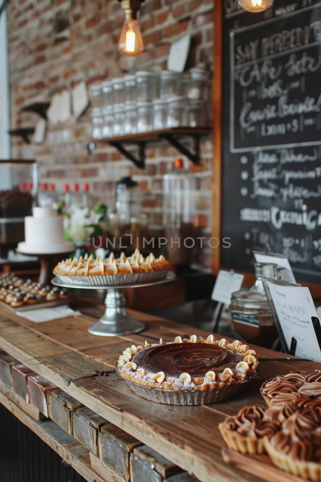 A rustic bakery features a delectable mocha mousse tart prominently displayed on a worn wooden counter. complemented by a chalkboard menu in the background and blooming flowers, this cozy scene blends culinary art with homely charm.