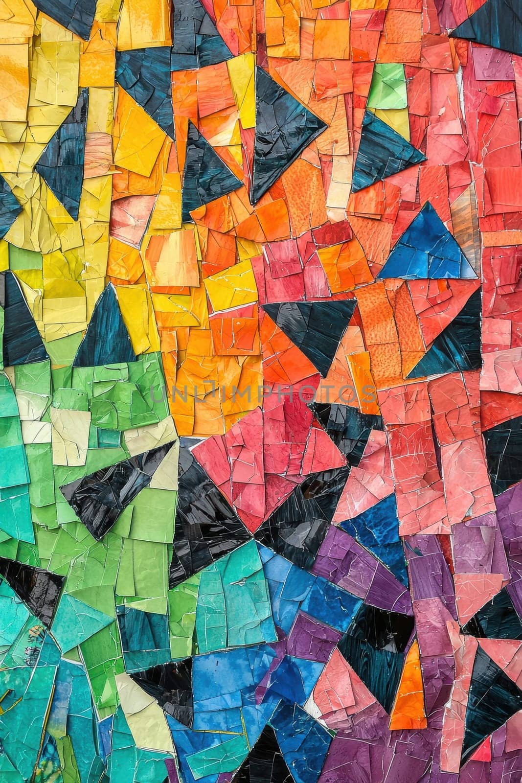 A vibrant torn paper mosaic exhibits geometric layering with intricate textures, creating a modern abstract design. each piece adds depth and character, perfect for visual marketing and contemporary artistic projects.