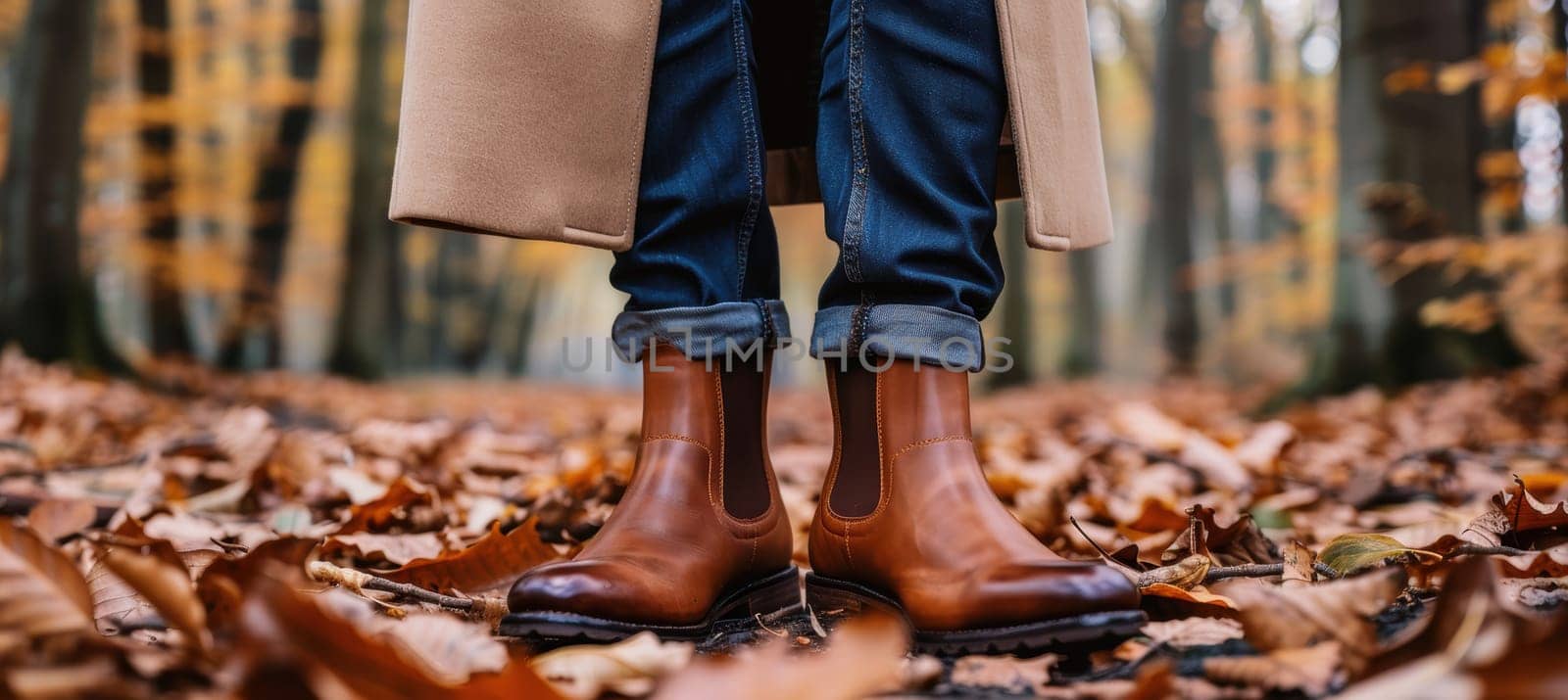 Mocha mousse boots are paired with denim jeans and a beige coat, creating a stylish look amid an autumn forest setting filled with fallen leaves. the rich colors and textures evoke a cozy, seasonal fashion vibe perfect for fall.