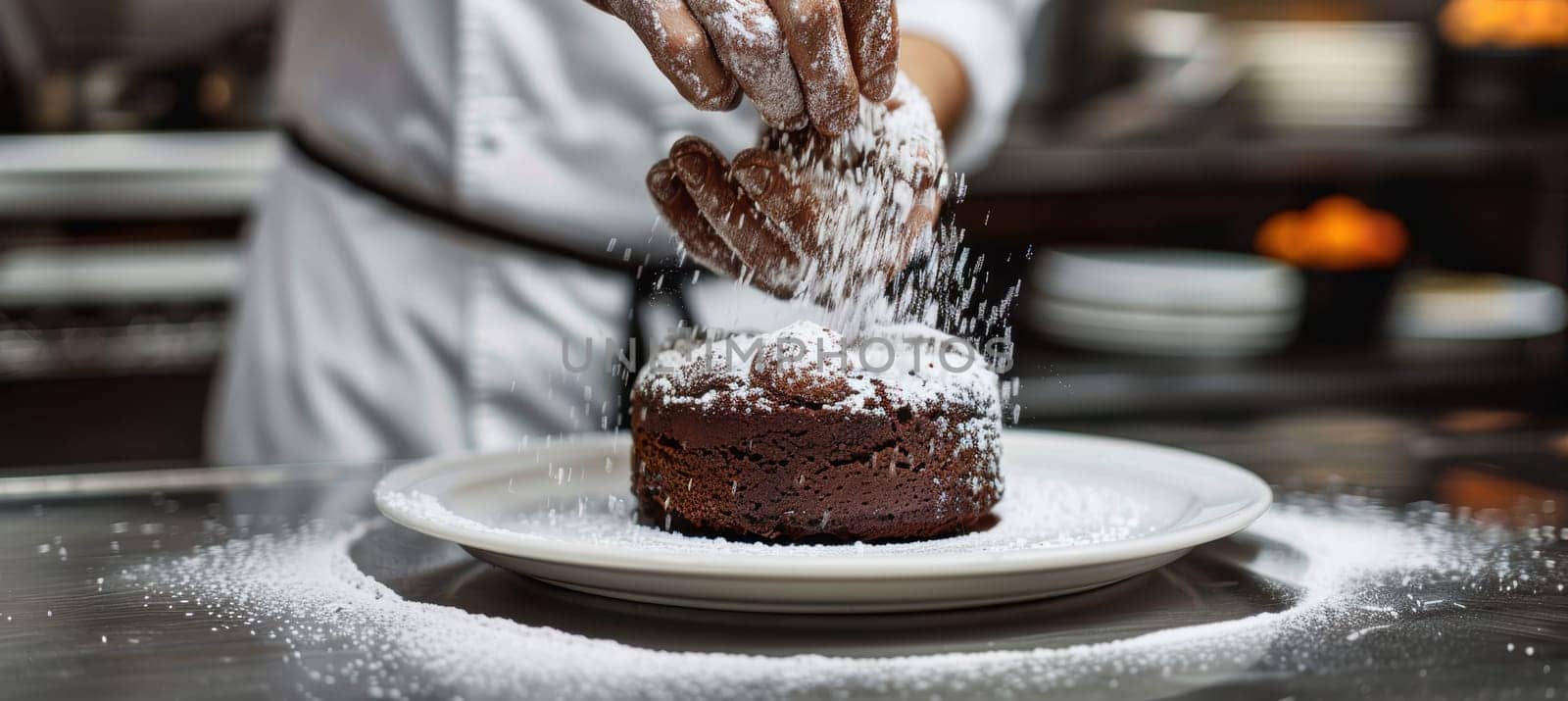 A professional chef skillfully sprinkles powdered sugar over a mocha mousse souffle, showcasing precision and artistry in a high-end restaurant kitchen. the focused scene highlights culinary expertise and the elegance of dessert preparation.