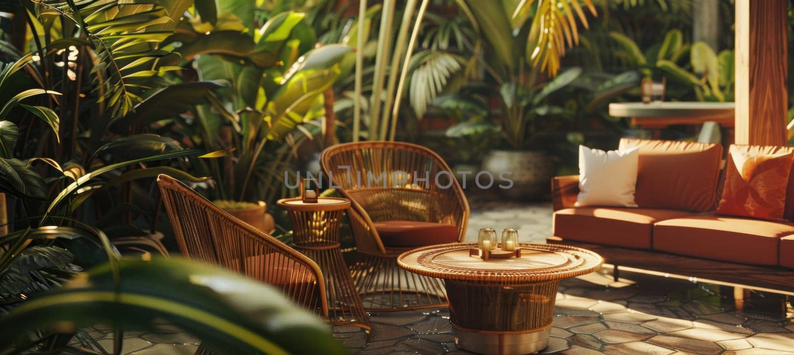 Luxury outdoor patio featuring stylish mocha mousse seating and a low wooden table, set against a lush tropical backdrop. ideal for summer campaign designs, showcasing comfort and elegance in a sophisticated, natural setting.