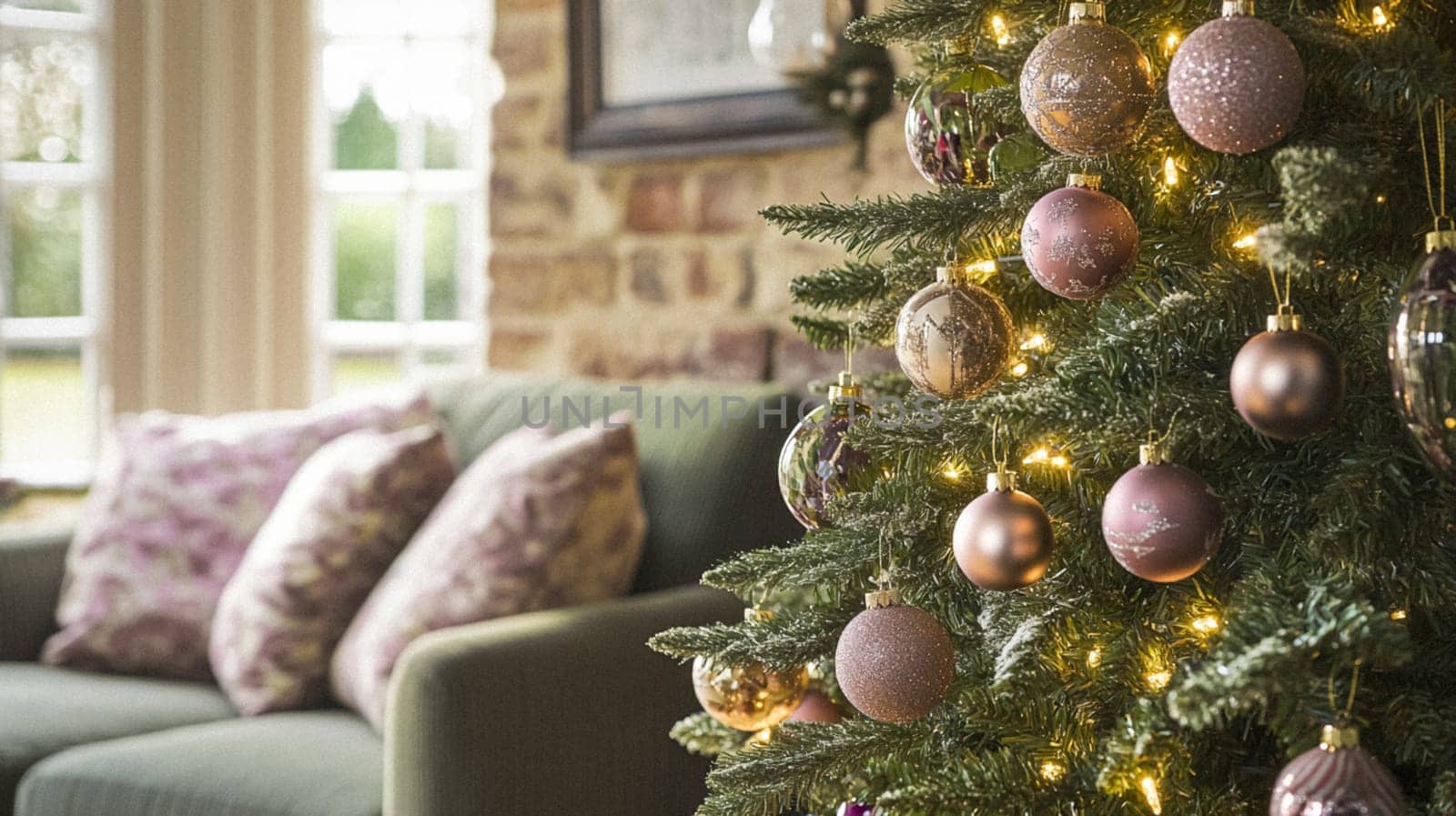 Christmas, holiday decor and country cottage style, cosy atmosphere, decorated Christmas tree in the English countryside house living room with fireplace, interior decoration idea