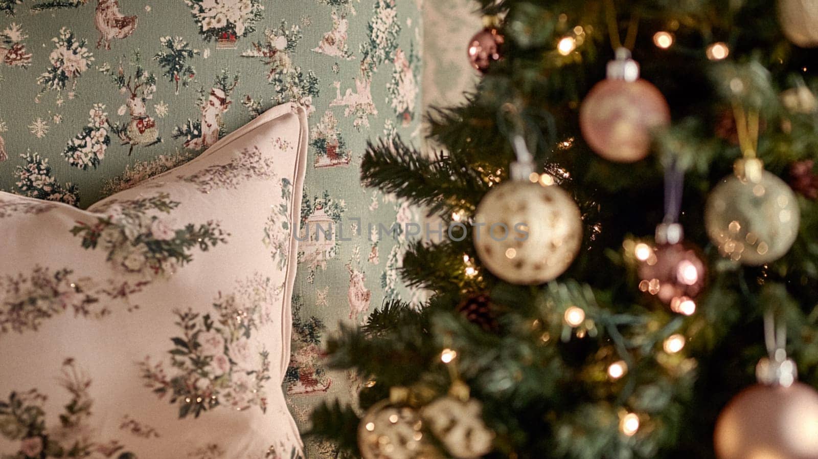 Christmas, holiday decor and country cottage style, cosy atmosphere, decorated Christmas tree in the English countryside house living room with fireplace, interior decoration idea