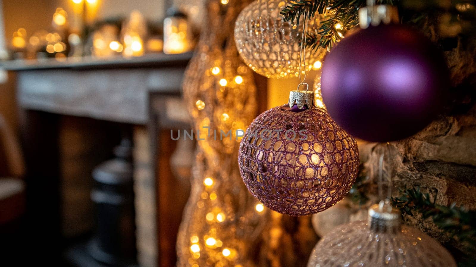 Christmas, holiday decor and country cottage style, cosy atmosphere, decorated Christmas tree in the English countryside house living room with fireplace, interior decoration idea