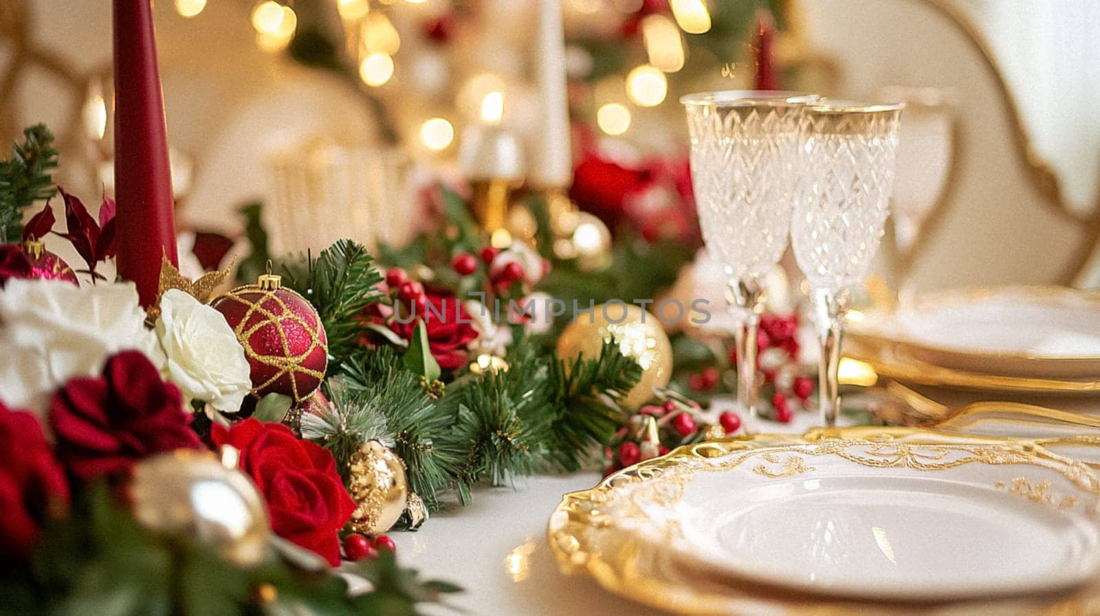 Christmas tablescape decoration, formal family dinner holiday celebration, luxury table setting decor, English country and home style idea