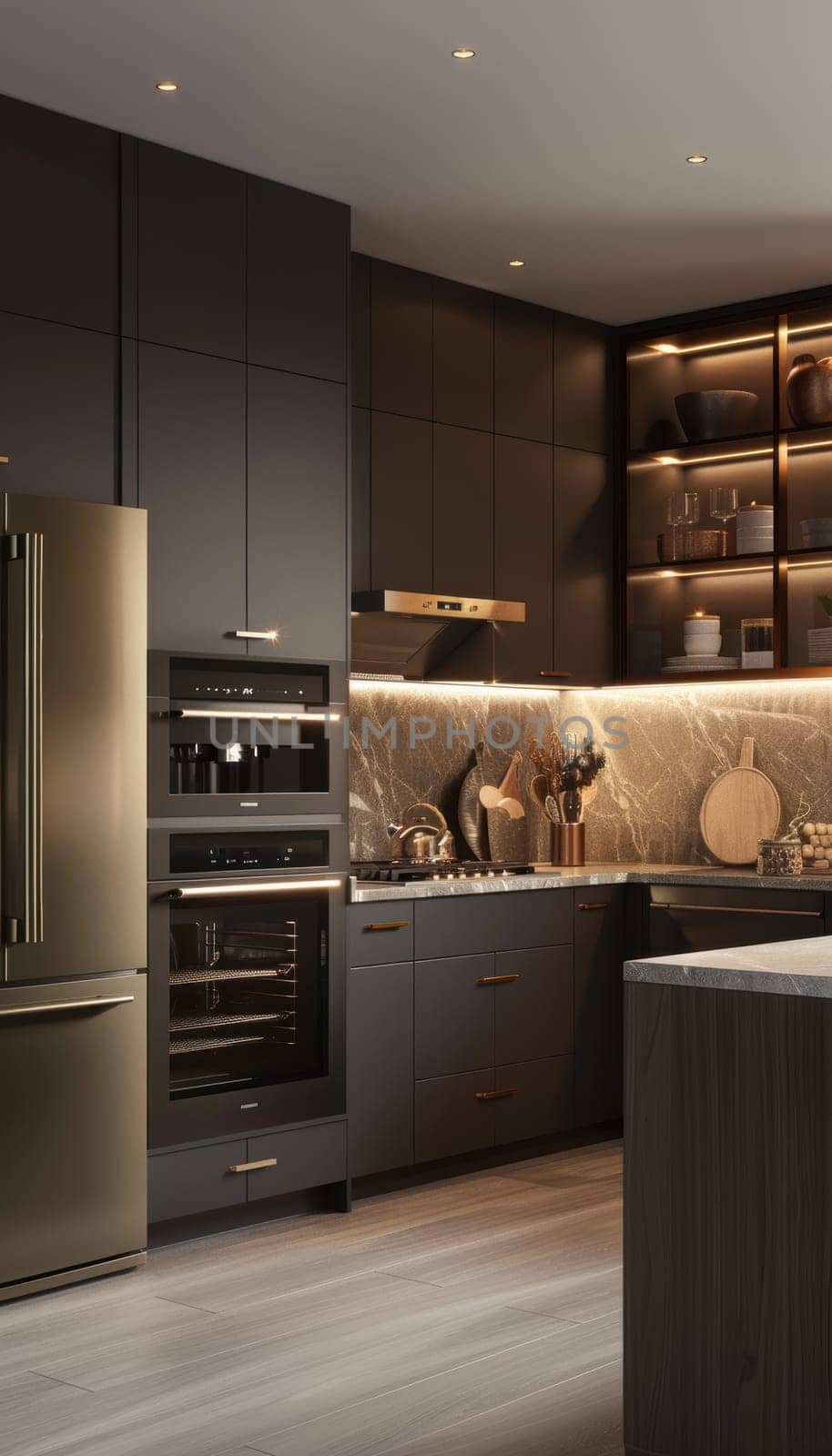 Experience a modern luxury kitchen featuring sleek mocha mousse cabinets, a polished marble countertop, stainless steel appliances, and elegant lighting fixtures, creating a sophisticated and functional space for culinary creativity.