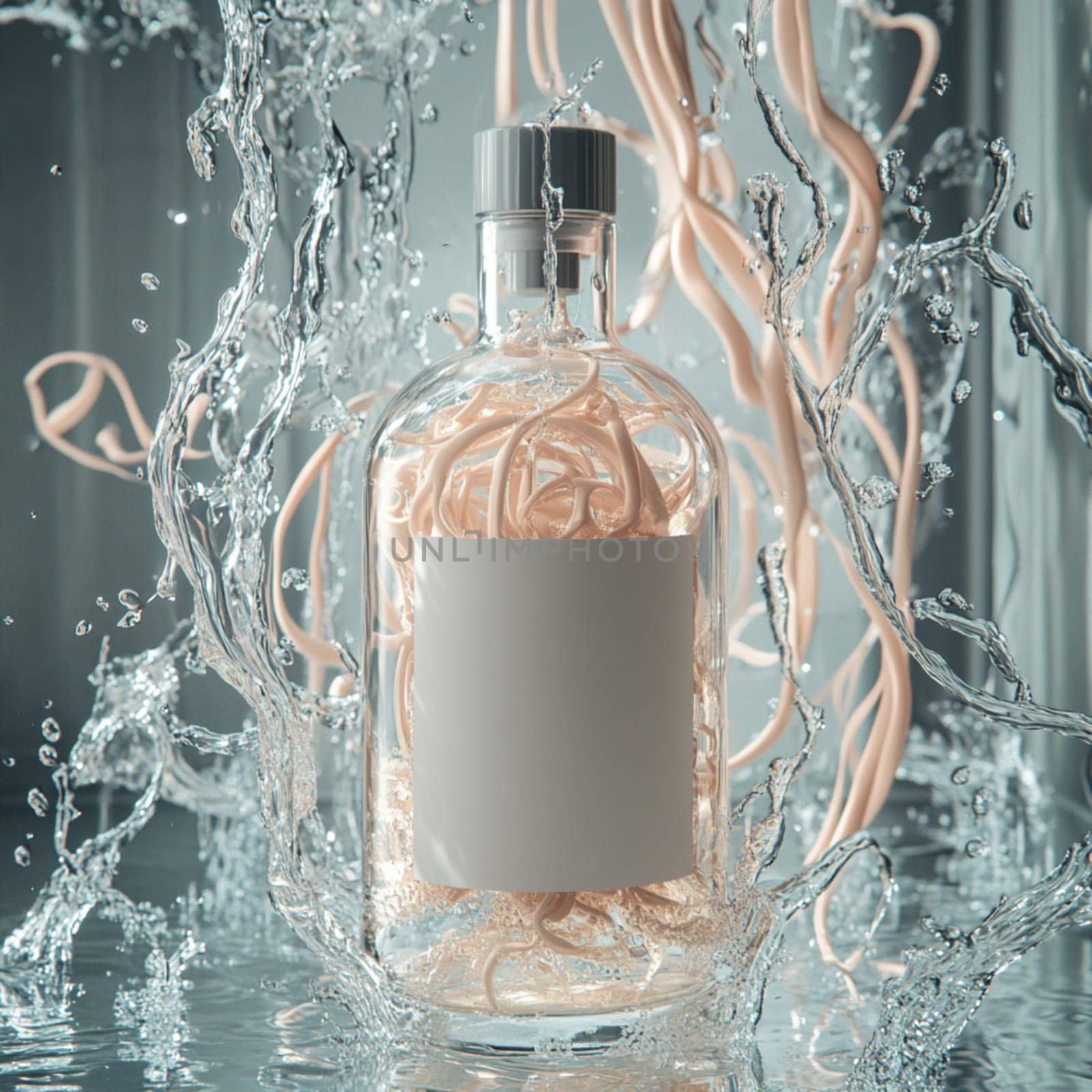 Pink gin bottle is standing in water with red ribbons flying around it and water splashing. The background is light grey