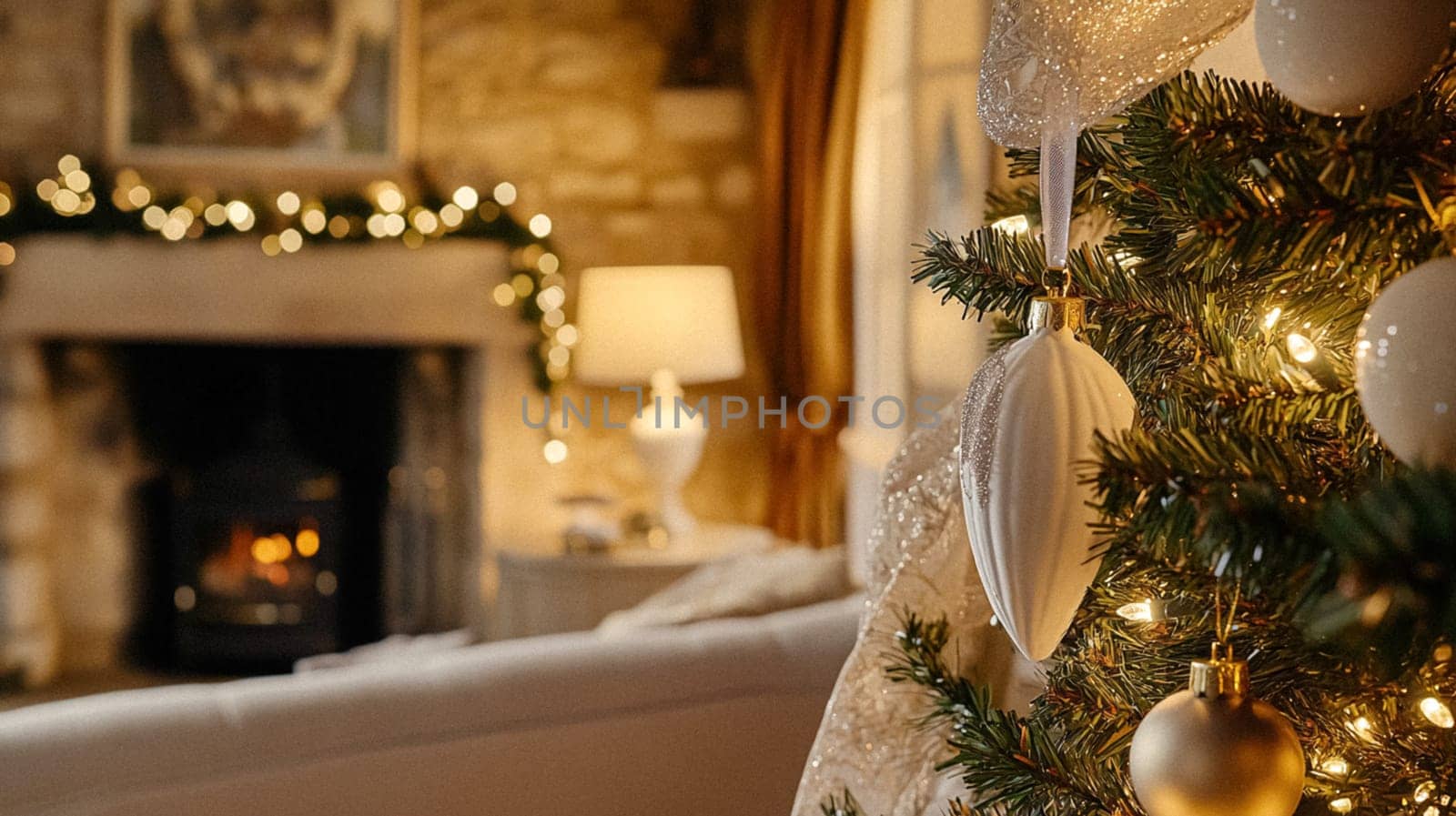 Christmas, holiday decor and country cottage style, cosy atmosphere, decorated Christmas tree in the English countryside house living room with fireplace, interior decoration idea