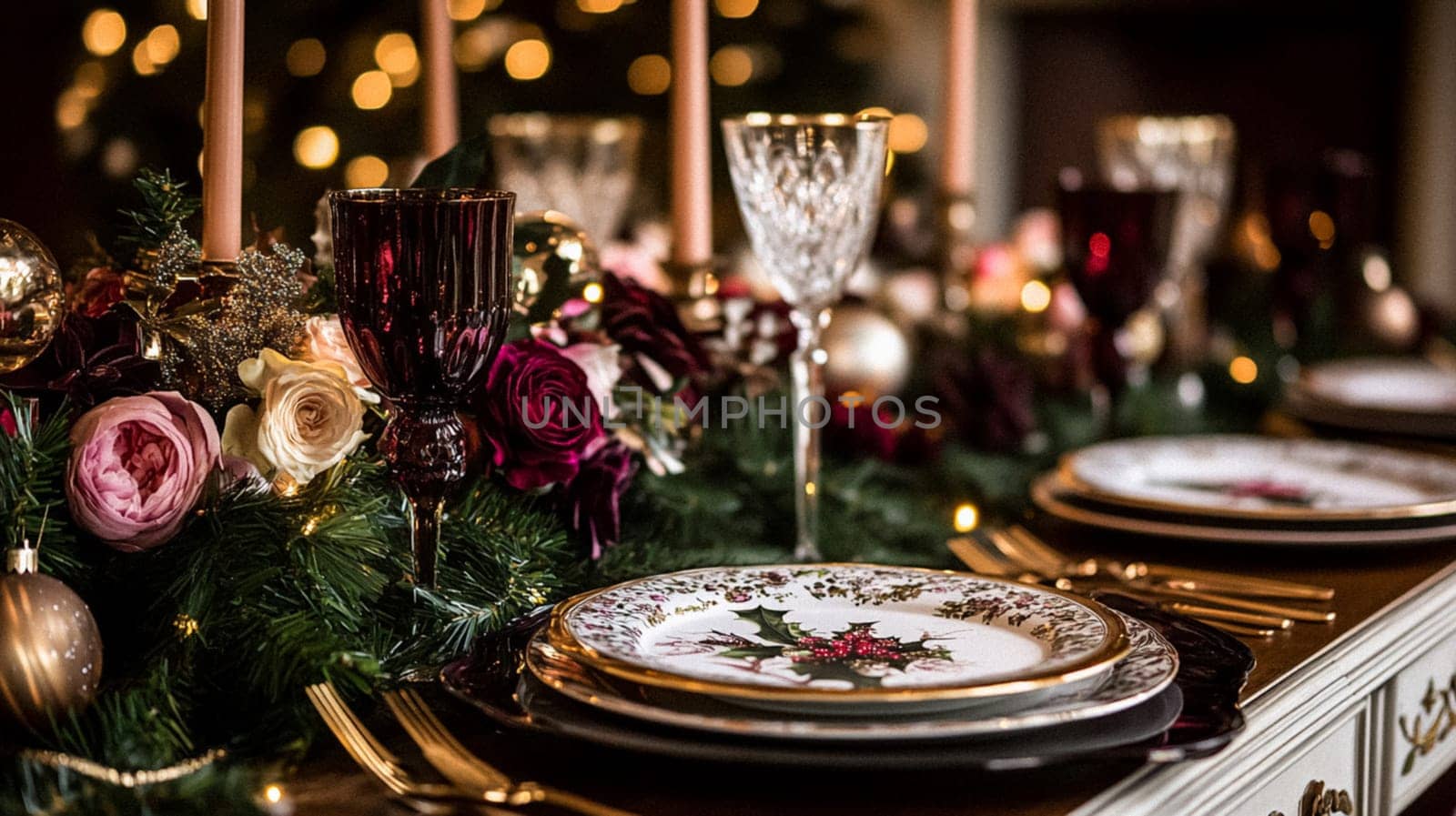 Christmas tablescape decoration, formal family dinner holiday celebration, luxury table setting decor, English country and home style idea