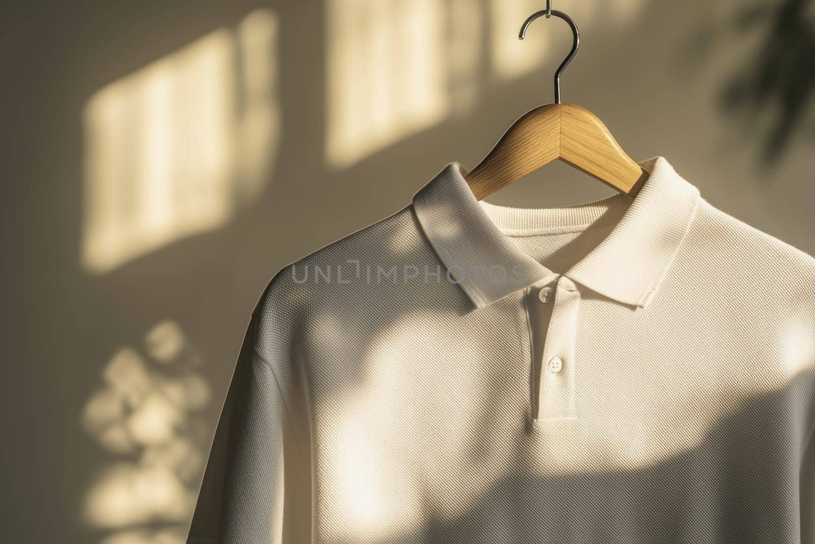A sleek polo sports jersey displayed on a wooden hanger, illuminated by soft lighting that enhances the fabric's texture. perfect for showcasing customizable branding areas, this studio shot is modern and professional, ideal for design concepts.