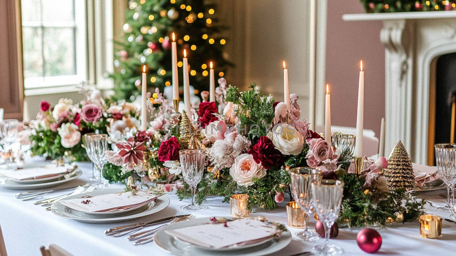 Christmas tablescape decoration, formal family dinner holiday celebration, luxury table setting decor, English country and home style idea