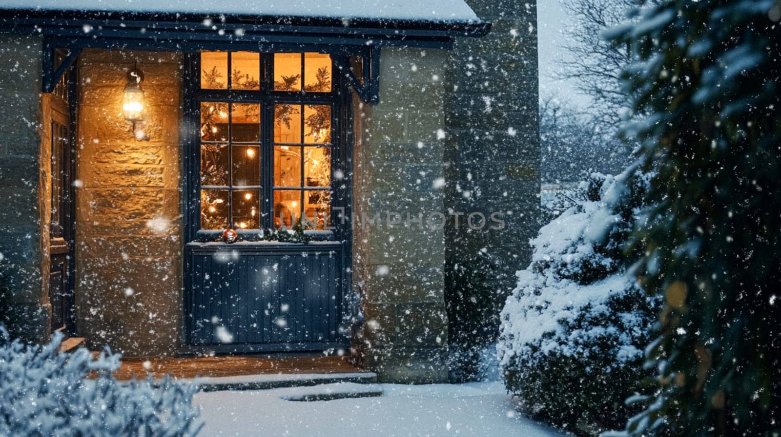 Christmas in the countryside, cottage decorated for holidays on a snowy winter evening with snow and holiday lights, English country styling inspiration