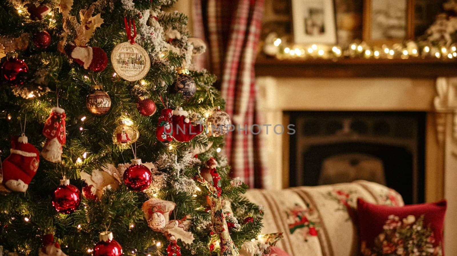 Christmas, holiday decor and country cottage style, cosy atmosphere, decorated Christmas tree in the English countryside house living room with fireplace, interior decoration idea
