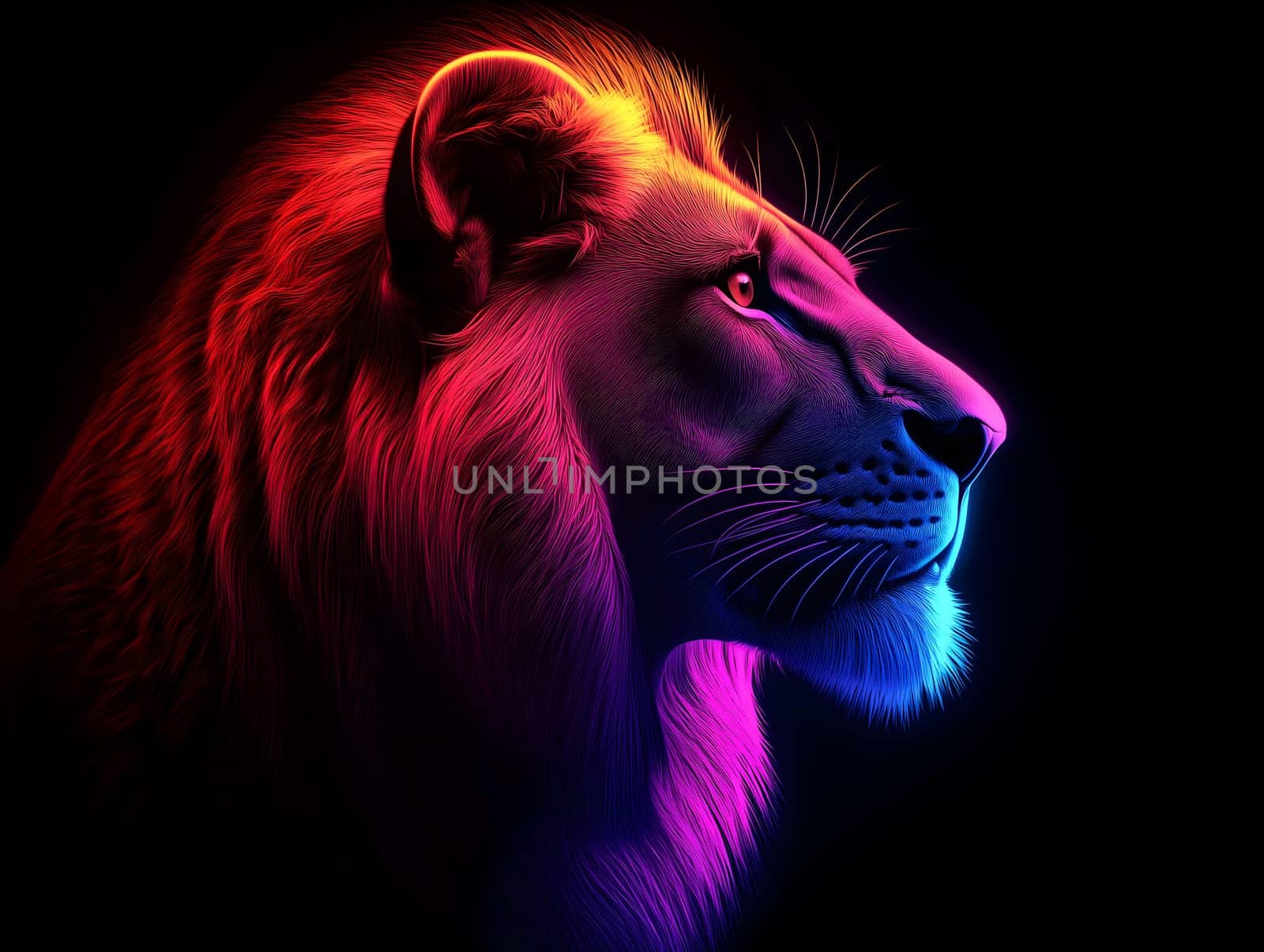 Side profile of a majestic lion glowing with vivid neon colors, including red, pink, and blue, set against a black background, showcasing bold and modern digital artwork.