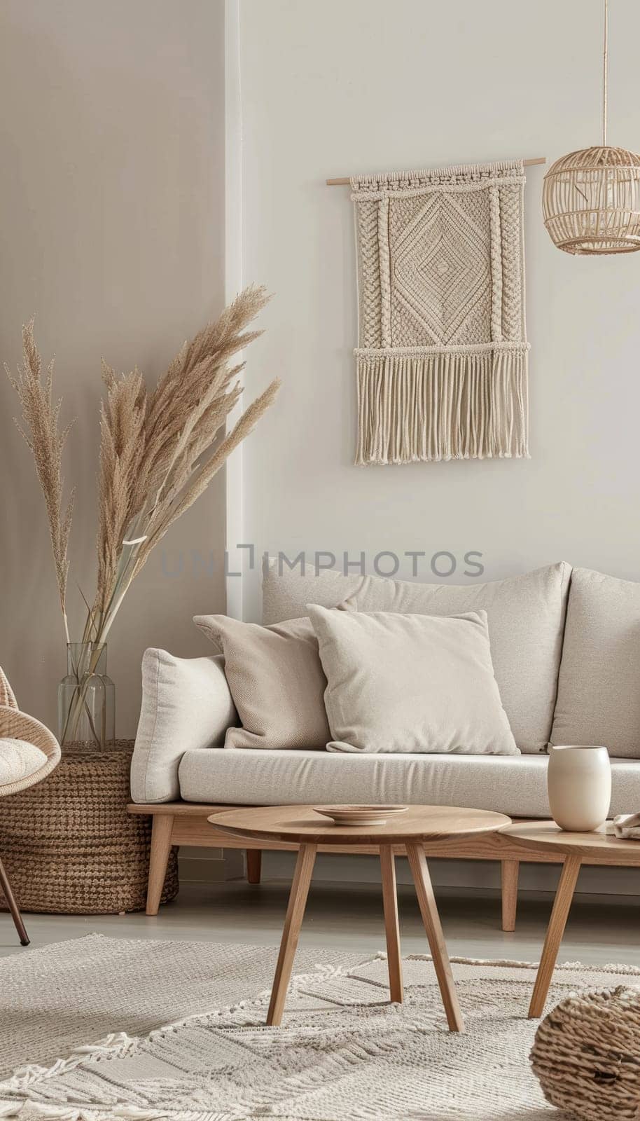Contemporary living room featuring a stylish mocha mousse macrame wall hanging, complemented by soft beige furniture, woven textures, and bohemian accents. the cozy setting blends natural elements and neutral tones for a tranquil ambiance.
