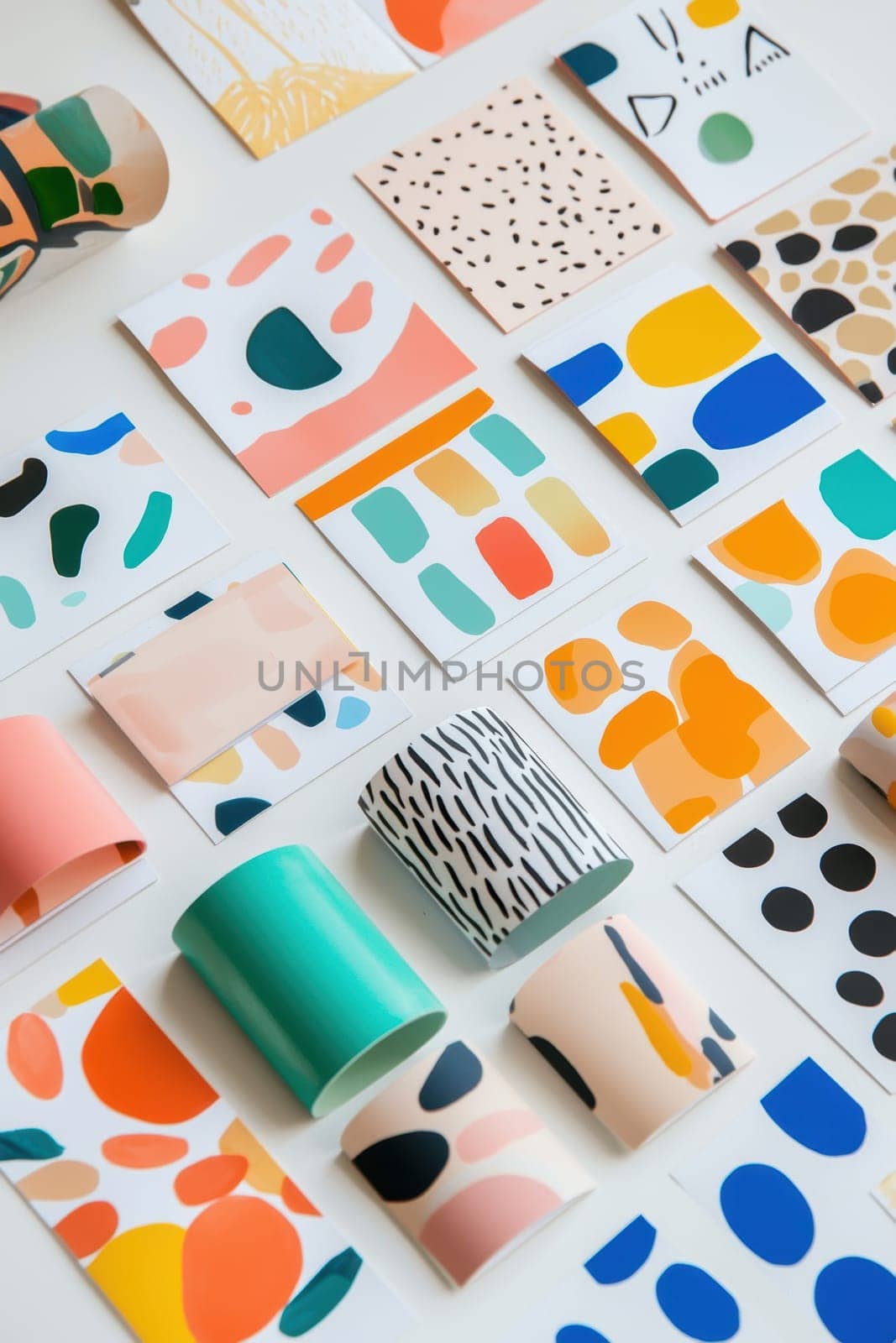 A vibrant collection of sticker sheets featuring various shapes and designs on a clean white surface. perfect for enhancing product branding or as eye-catching giveaways. the composition is bright, colorful, and visually appealing.