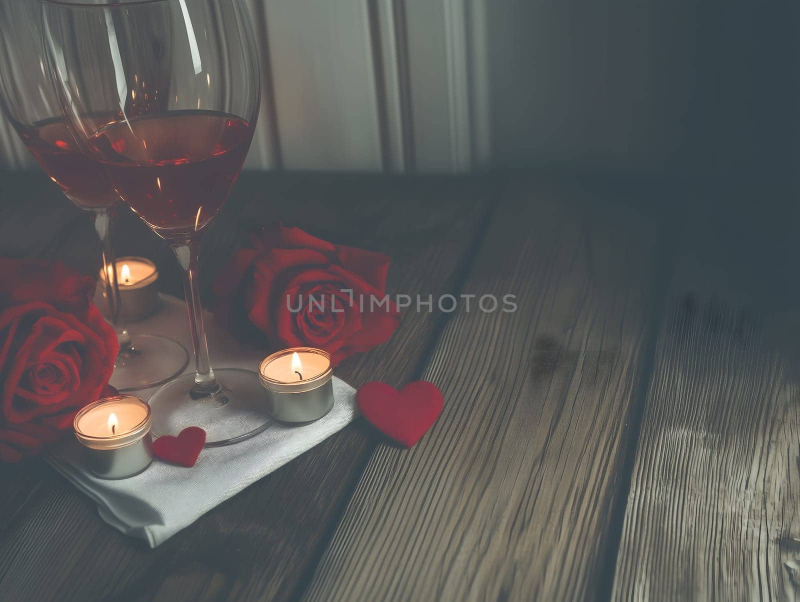 Elegant romantic setup featuring wine glasses, red roses, heart-shaped decorations, and candles glowing softly on a wooden table, creating a warm and intimate atmosphere.