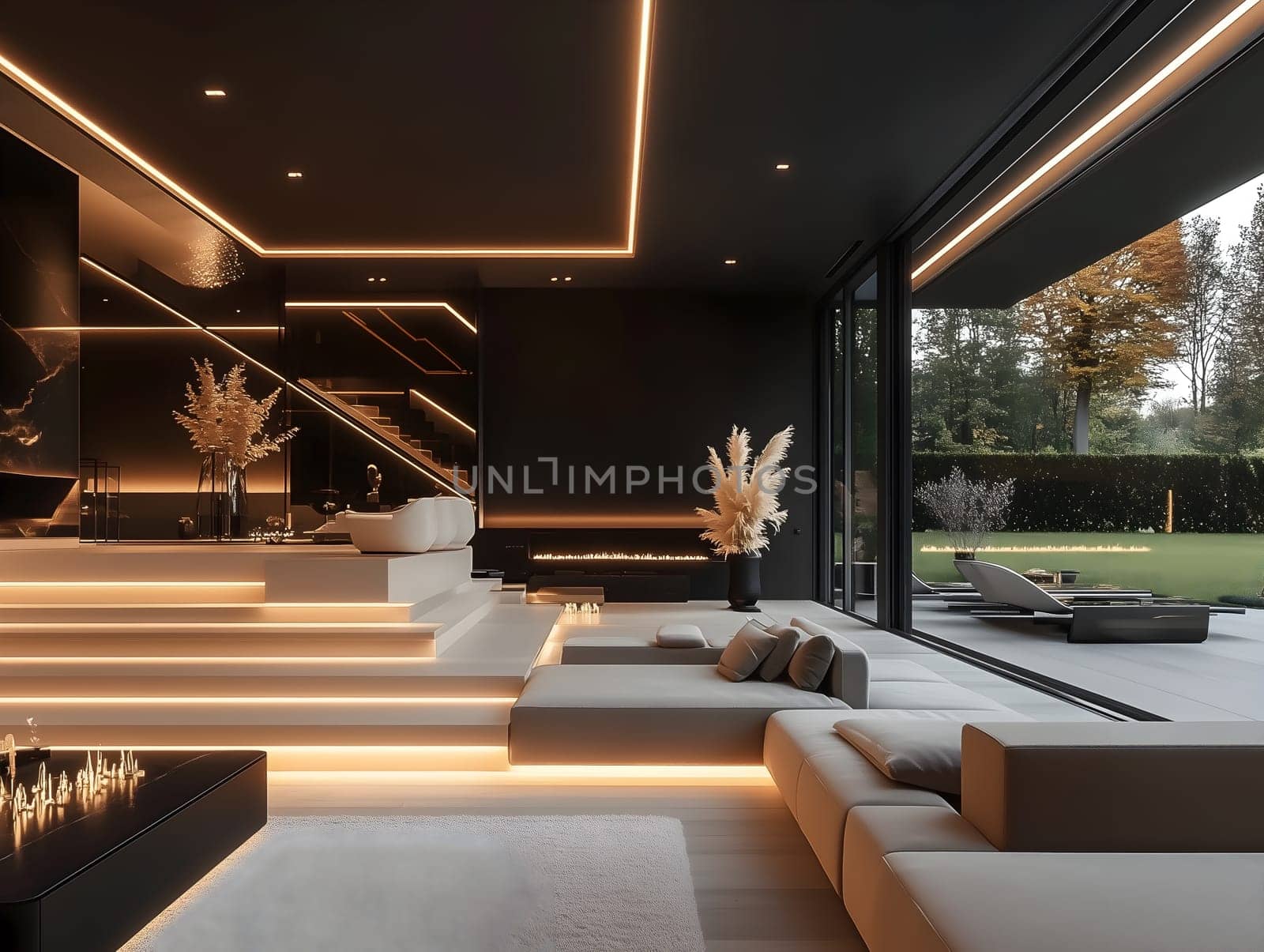 Stylish luxury living room featuring sleek minimalist decor, soft neutral tones, ambient LED lighting, and large windows overlooking a serene outdoor view, creating a sophisticated atmosphere.