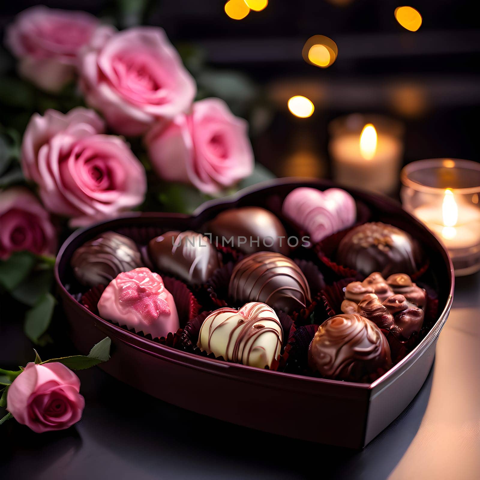 A heart-shaped chocolate box filled with assorted pralines, illuminated by soft pink lighting, with a blurred rose bouquet backdrop.
