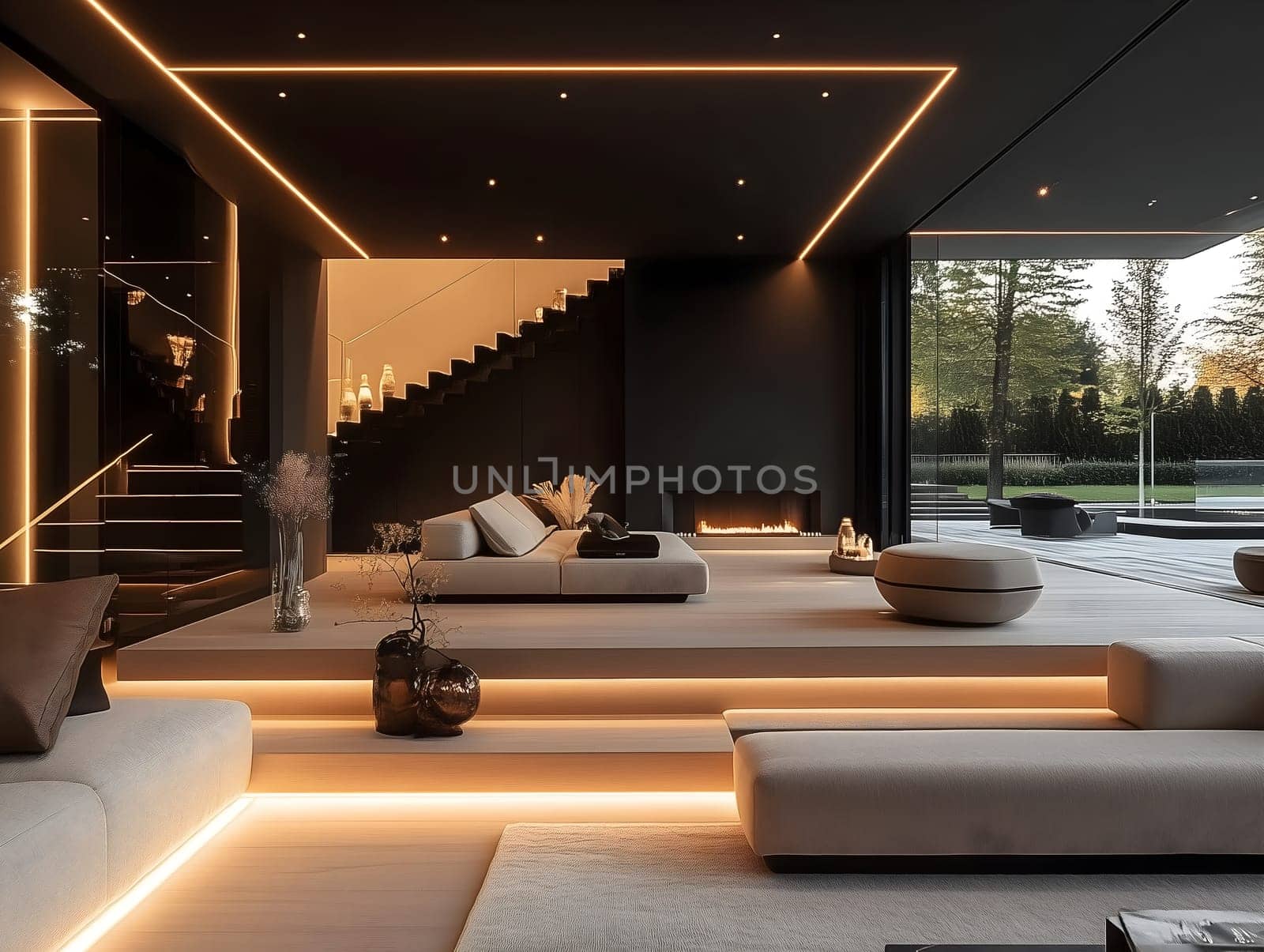 Stylish luxury living room featuring sleek minimalist decor, soft neutral tones, ambient LED lighting, and large windows overlooking a serene outdoor view, creating a sophisticated atmosphere.
