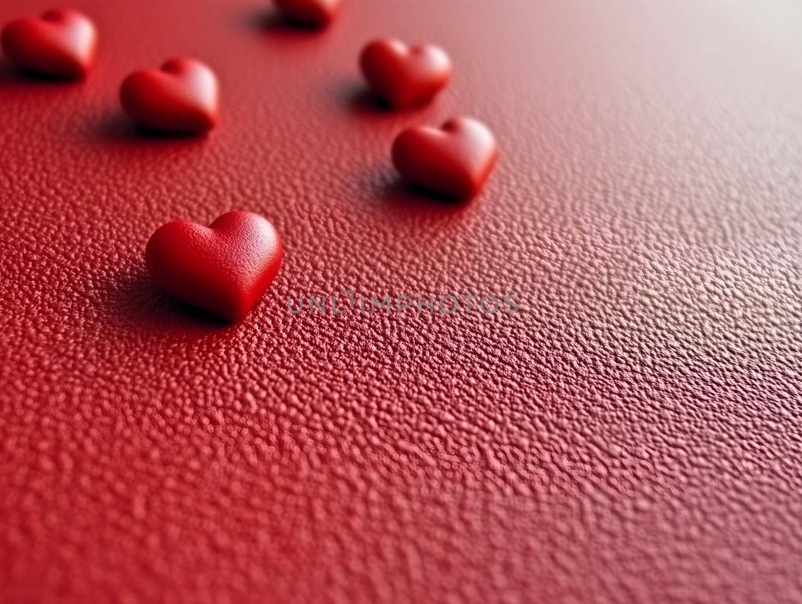 Close-up of small red heart shapes scattered on a textured red surface, creating a romantic and minimalist composition, perfect for Valentine's Day, love, or celebration themes.