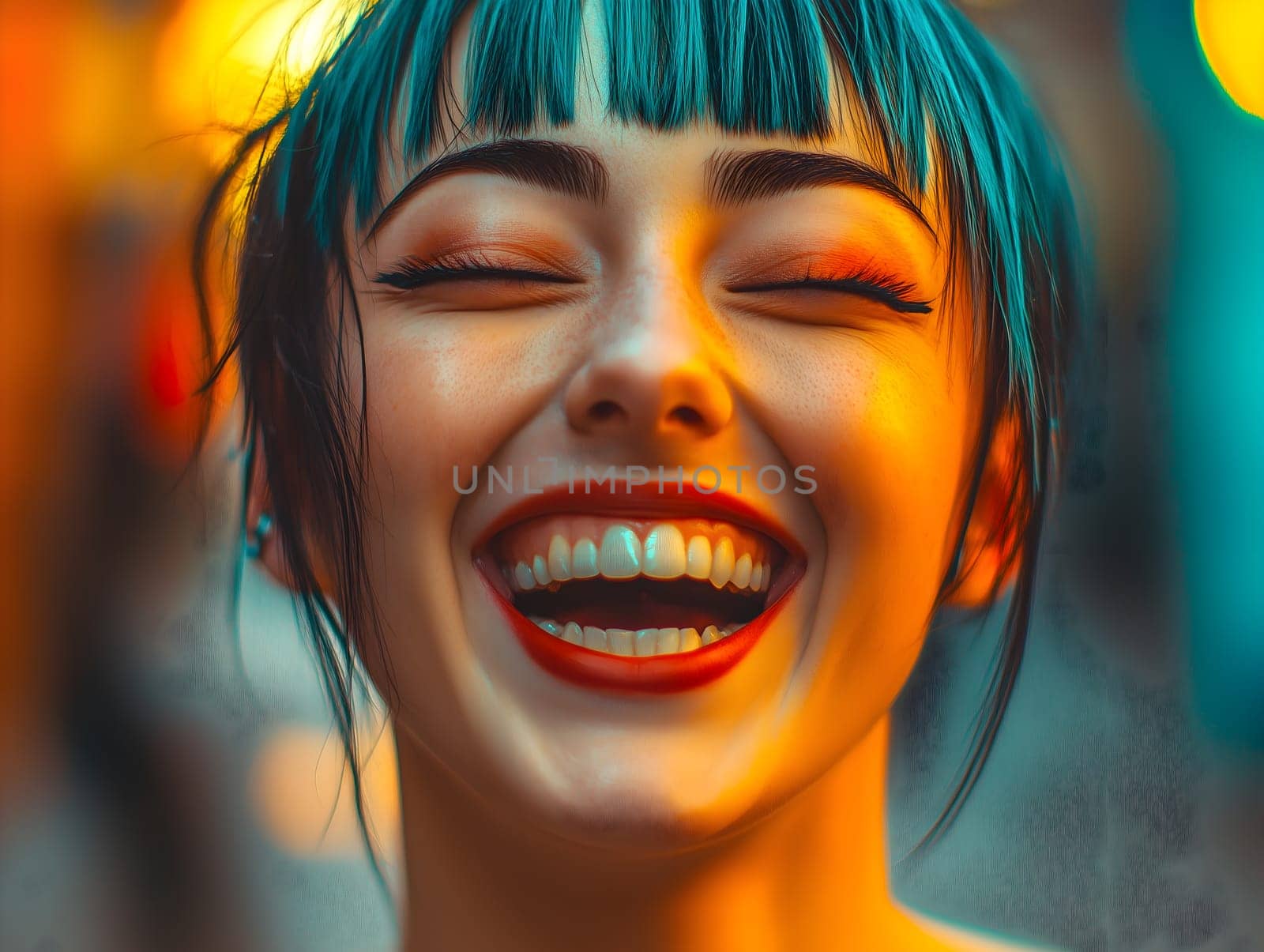 Close-up of a young woman with vibrant makeup and teal hair, laughing joyfully in a warm, colorful urban setting, illuminated by golden and blue tones, radiating happiness and energy.