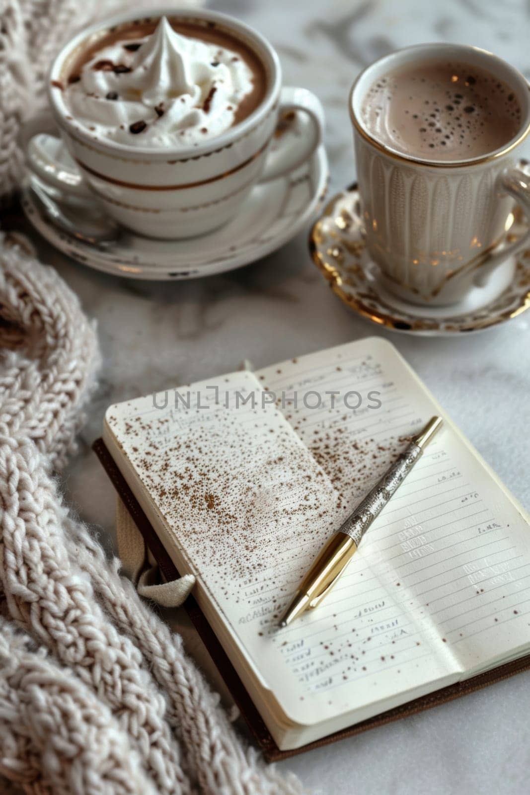 A warm and inviting scene featuring a frothy mocha mousse on a table, accompanied by an open journal, a pen, and a soft beige scarf. perfect for conceptualizing cozy moments, writing inspiration, and enjoying a peaceful cafe ambiance.