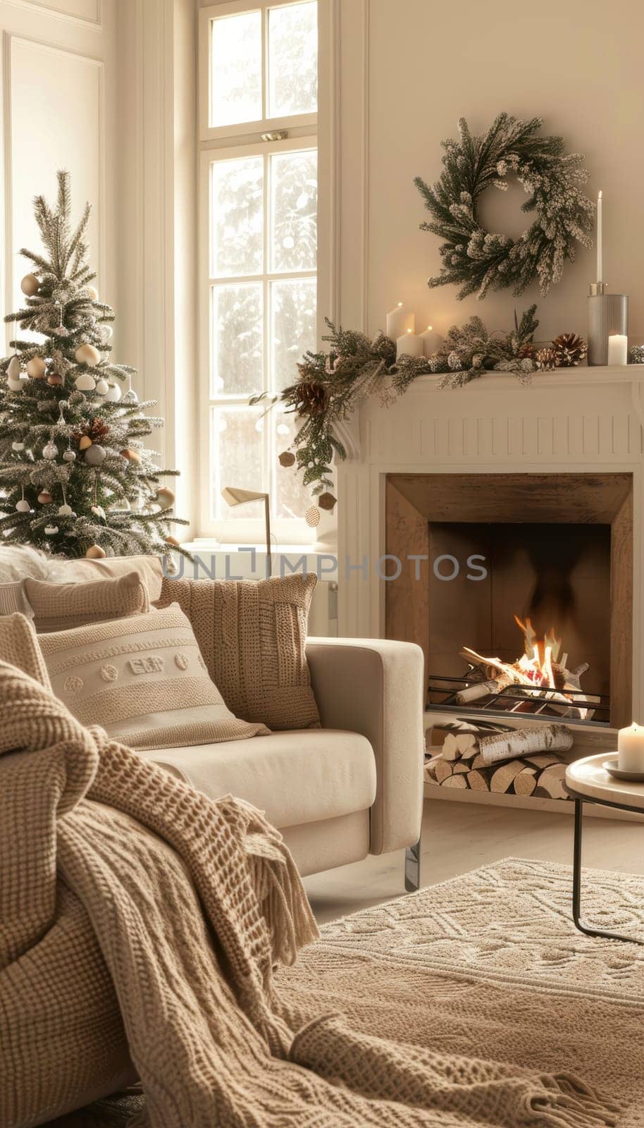 A serene living room featuring mocha mousse furniture and a comforting fireplace. the beige decor complements the winter theme, creating a perfect retreat. elegant furnishings and soft lighting enhance the cozy atmosphere.