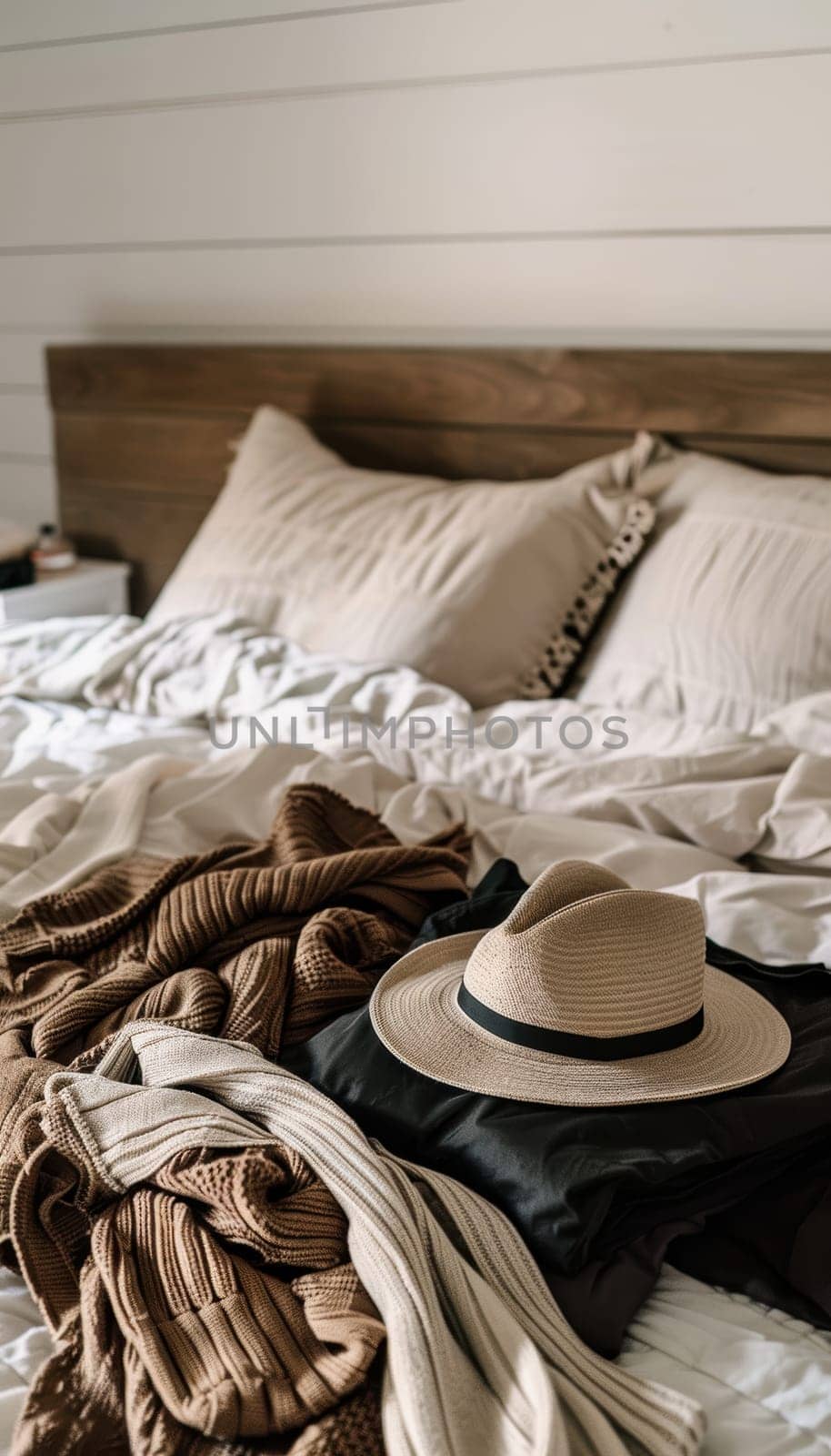 A carefully arranged minimalist travel capsule wardrobe in soothing mocha mousse tones, featuring elegant clothing on a bed with crisp white bedding. the setup includes a straw hat, beige jackets, and shirts on hangers for a chic, organized look.
