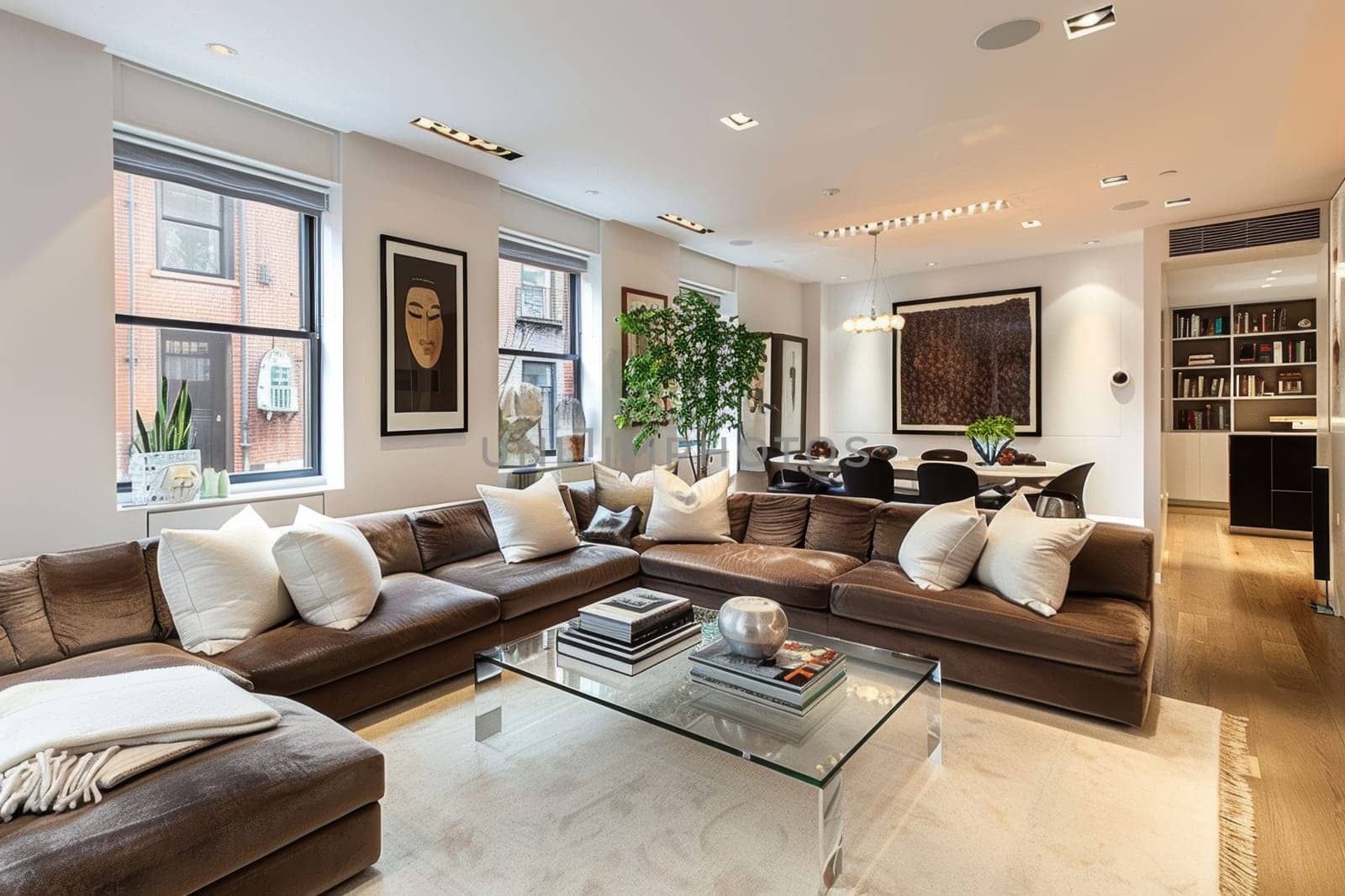 A sophisticated luxury living room featuring a plush mocha mousse sectional sofa adorned with white cushions. a sleek glass coffee table displays decorative books and a flowering orchid, creating a serene and stylish ambiance.