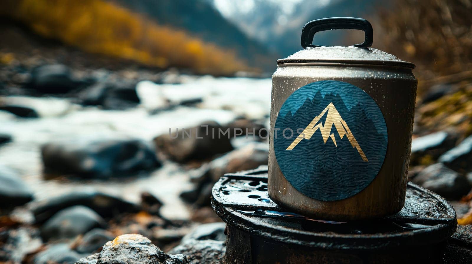 Die cut sticker with a mountain logo decorates a portable camping stove by a rushing stream, nestled in a lush forest setting. the image evokes themes of adventure, outdoor exploration, and nature's rugged beauty.