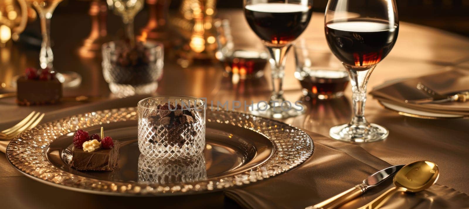 Gourmet dining setup featuring mocha mousse elegantly served in crystal glasses. soft golden lighting highlights intricately plated dishes and fine linen napkins, creating an upscale ambiance perfect for luxury events.