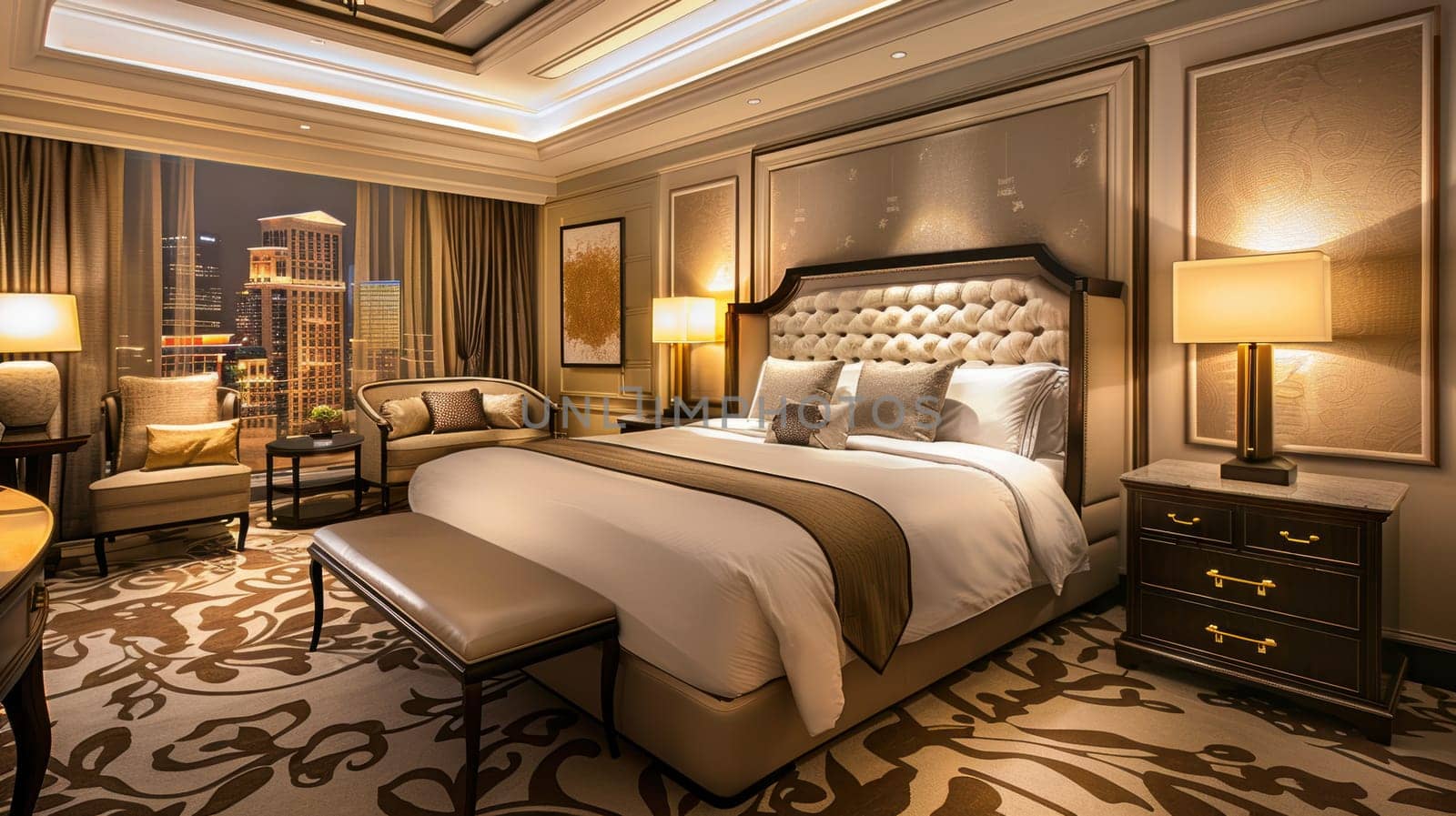 Luxurious hotel room featuring mocha mousse bedding and plush pillows, complemented by an elegant beige headboard. warm ambient lighting illuminates the room, creating a cozy and sophisticated atmosphere perfect for relaxation.