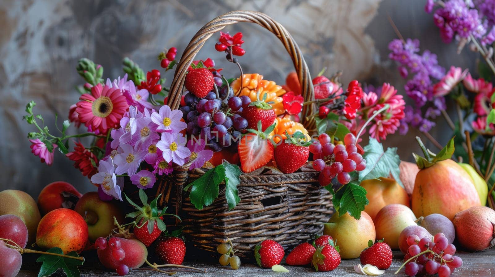 A beautifully arranged wicker basket filled with ripe strawberries, grapes, an apple, vibrant gerbera daisies, and lush greenery. the composition is ideal for a rustic or elegant table setting, adding natural beauty and charm.