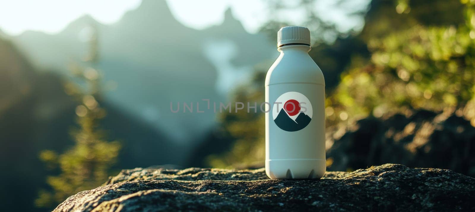 Die cut sticker logo on a sleek white water bottle set against a blurred outdoor nature background. the scene evokes a fresh, active vibe, perfect for promoting branding, outdoor activities, and lifestyle products.