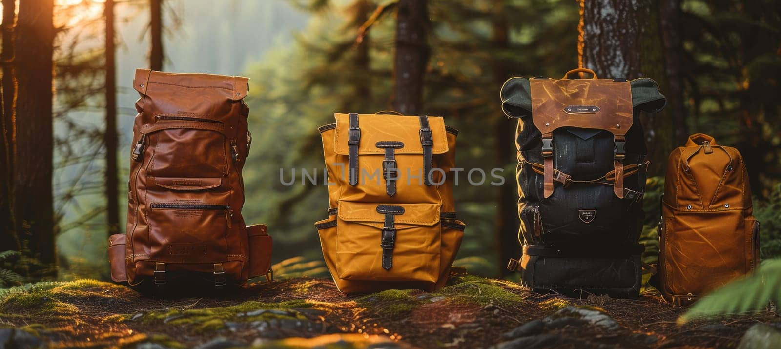 Backpacks in mocha mousse tones displayed along a forest trail during golden hour. designed for outdoor enthusiasts, these backpacks feature durable materials and ergonomic designs, perfect for adventurous hikes and travel exploration.