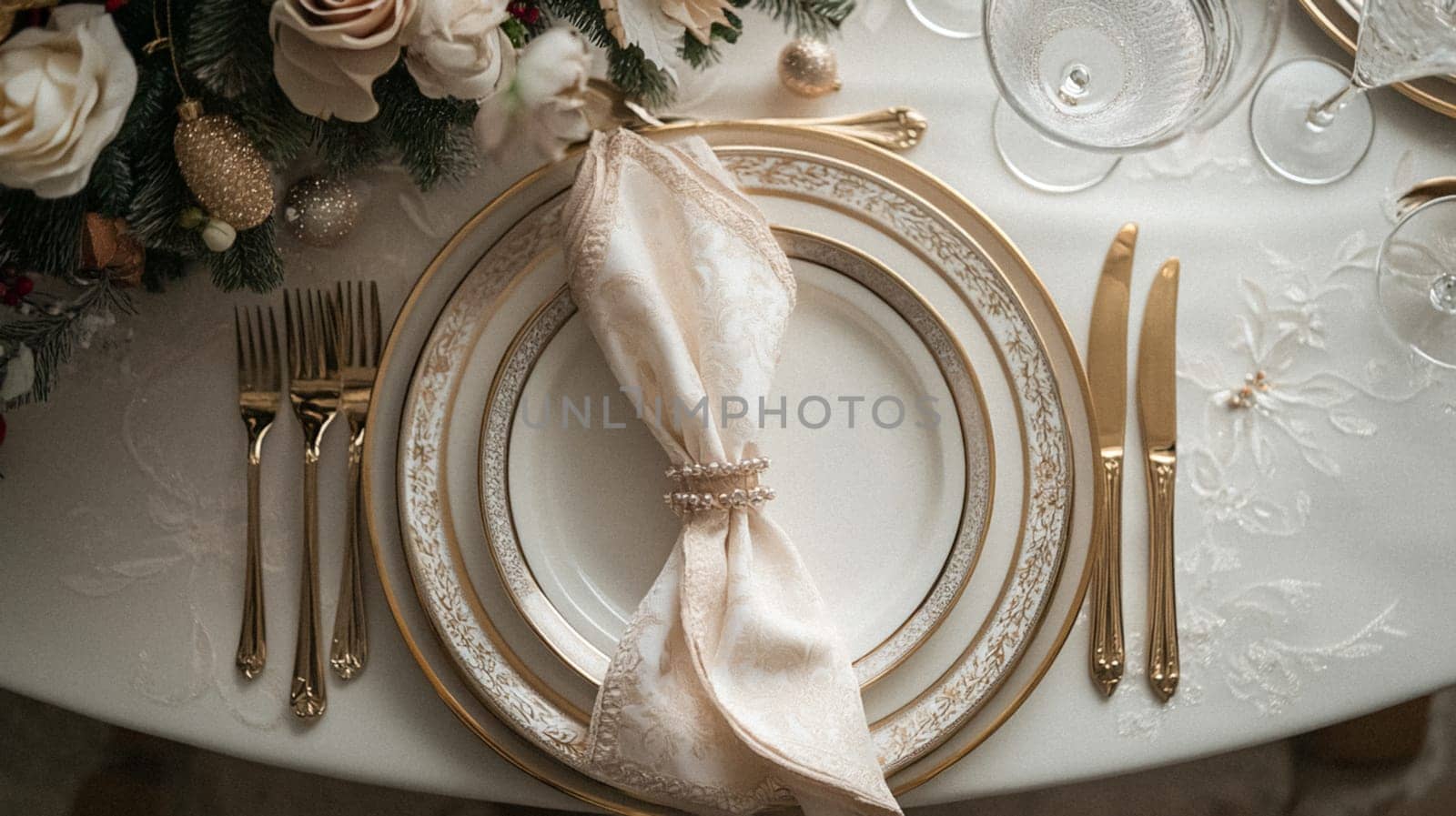 Christmas tablescape decoration, formal family dinner holiday celebration, luxury table setting decor, English country and home style idea