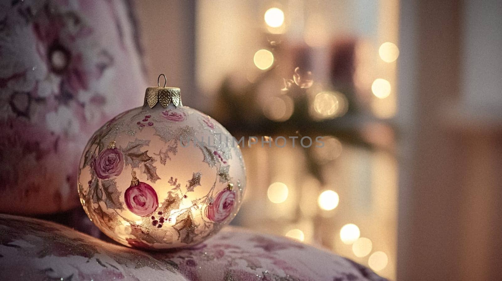 Christmas, holiday decor and country cottage style, cosy atmosphere, decorated Christmas tree in the English countryside house living room with fireplace, interior decoration idea