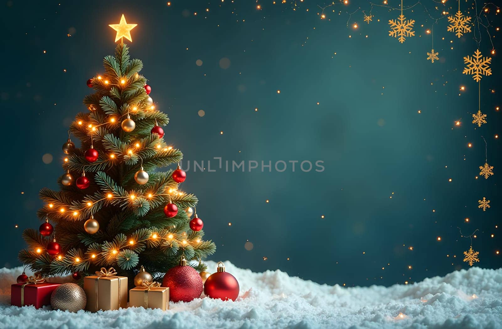 A glowing Christmas tree with decorations fills the left side of the card. The right side features an open space, highlighted with golden snowflakes and garlands, perfect for a personalized greeting. High quality photo