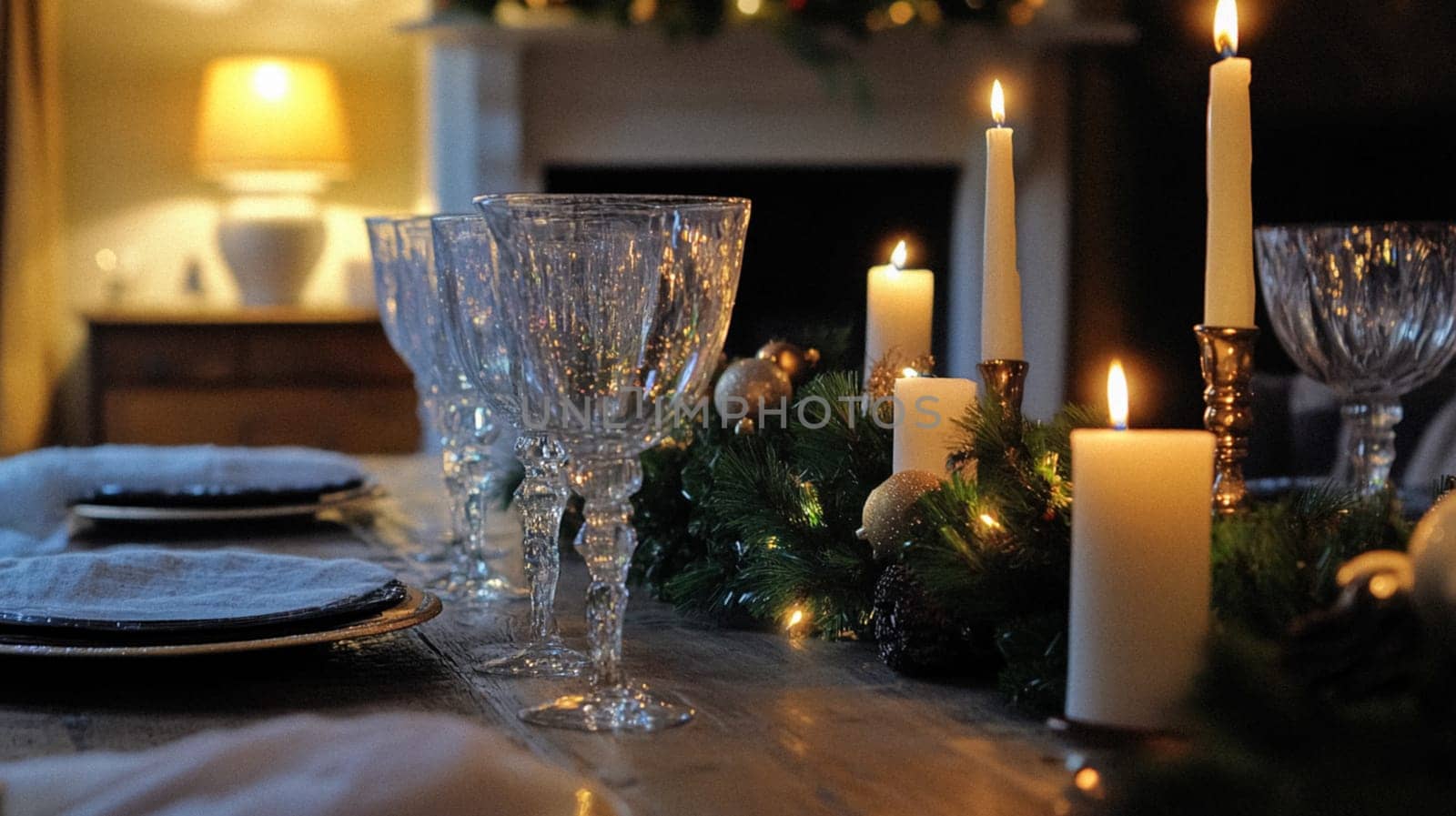 Christmas, holiday decor and country cottage style, cosy atmosphere, decorated Christmas tree in the English countryside house living room with fireplace, interior decoration idea